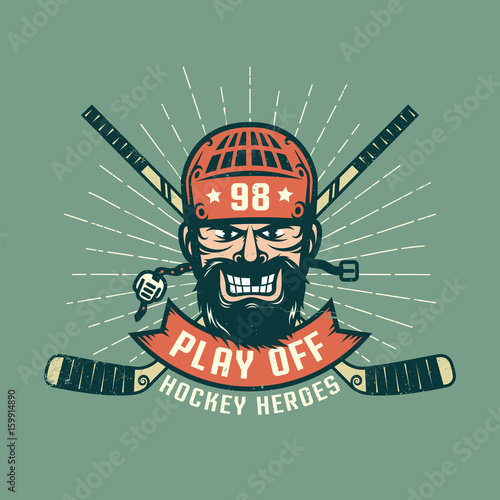 Retro playoff logo with bearded hockey player, crossed sticks and sunburst. Worn texture on a separate layer and can be easily disabled.