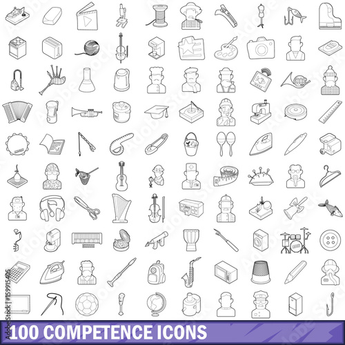 100 competence icons set, outline style
