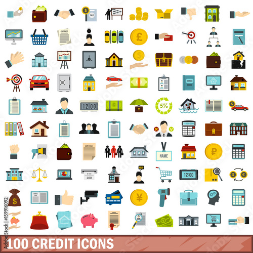 100 credit icons set, flat style