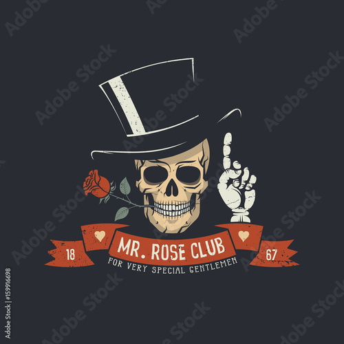 Skull with rose flower and classic head with ribbon and Mr. Rose club words. 