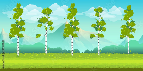 Seamless cartoon nature landscape, unending background with trees, mountains and cloudy sky layers. Vector illustration for your design.