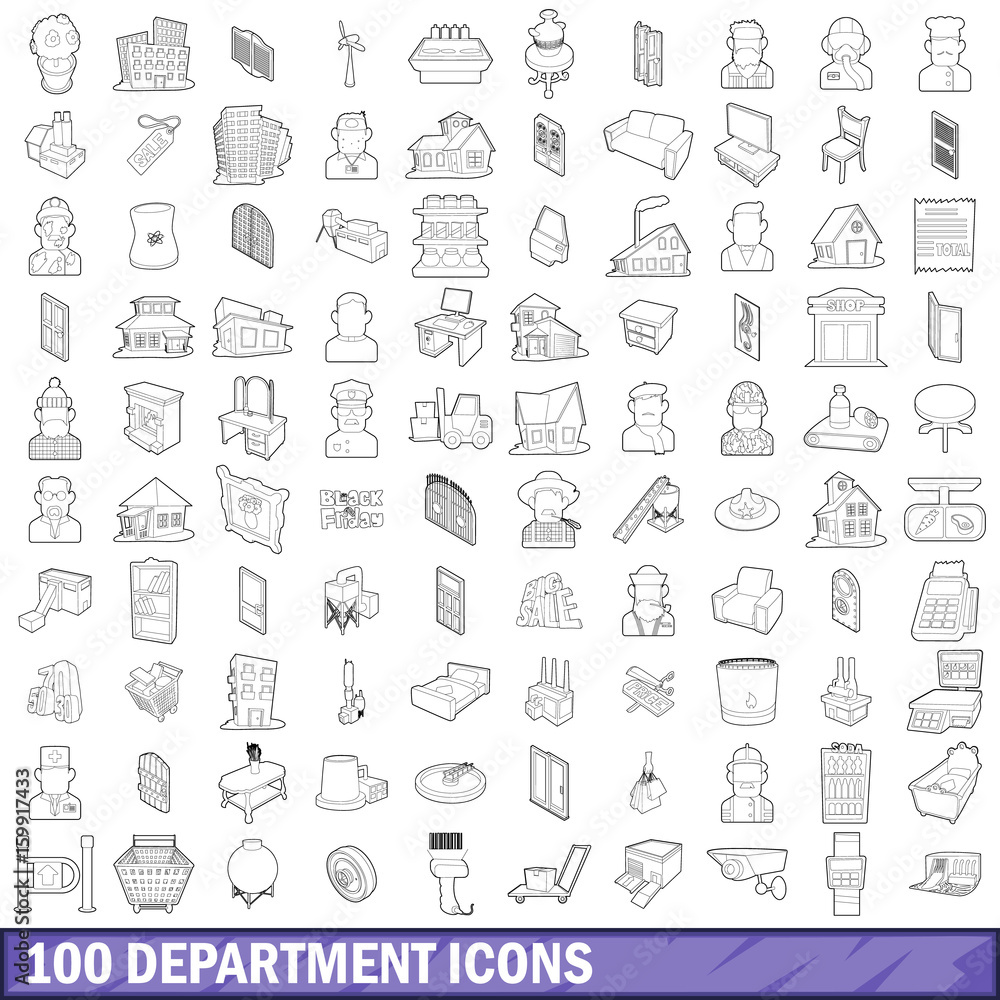 100 department icons set, outline style 100 department icons set, outline style