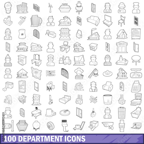 100 department icons set, outline style