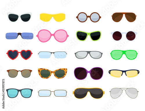 Fashion set sunglasses accessory sun spectacles plastic frame modern eyeglasses vector illustration.
