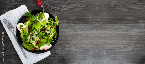 Fresh green leaves, lettuce, arugula, rocket salad with mozzarella, pomegranate seeds, avocado, onions and coriander leaves. Copy space. Top view. Wide panoramic image. photo