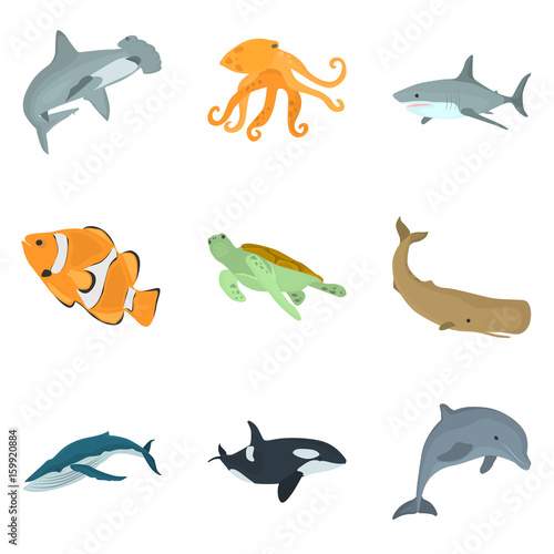 Set of sea animals color flat icons for web and mobile design