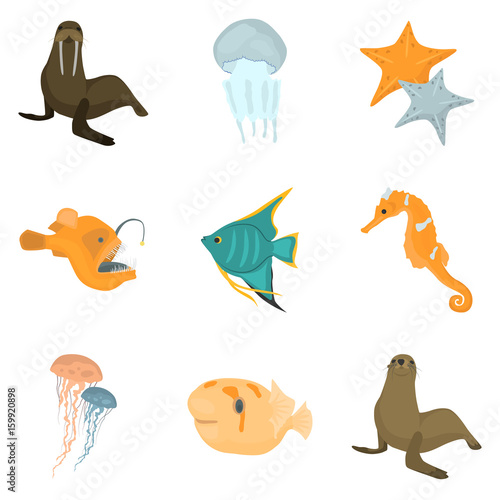 Set of sea animals color flat icons for web and mobile design