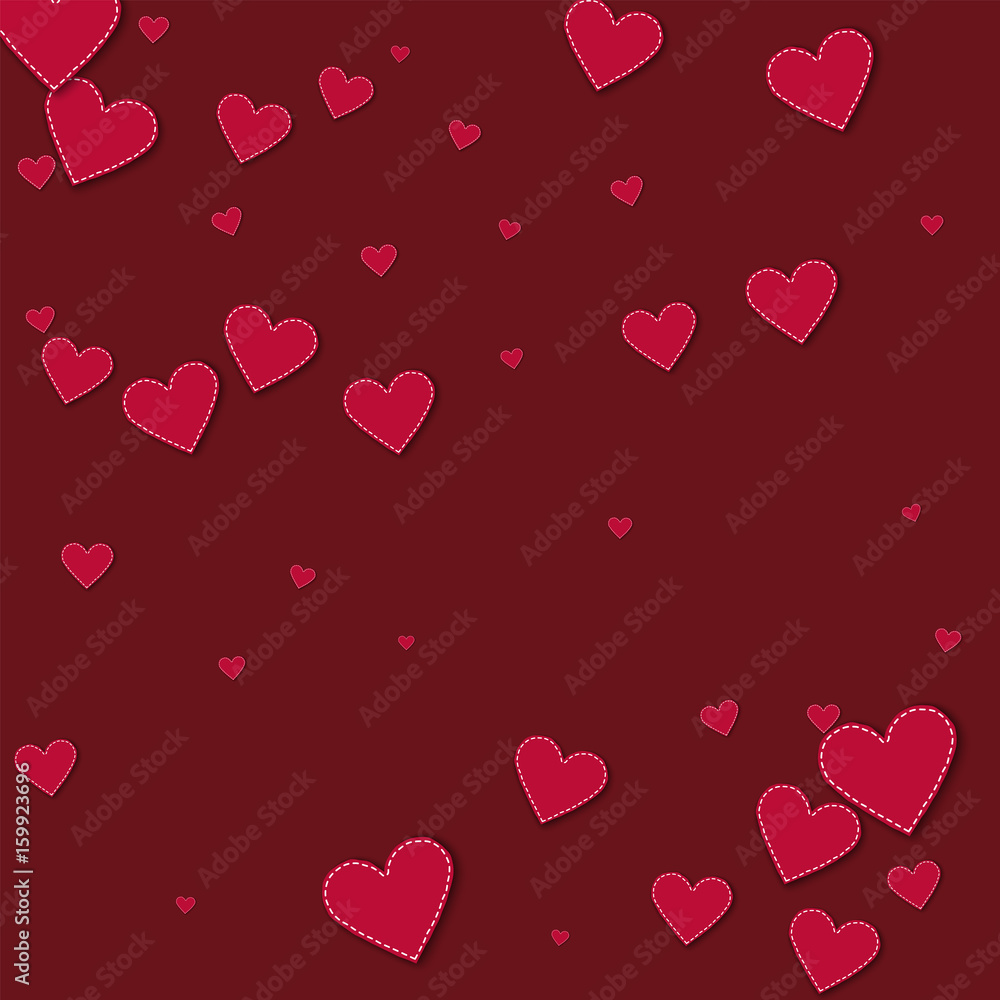 Red stitched paper hearts. Scatter pattern on wine red background. Vector illustration.