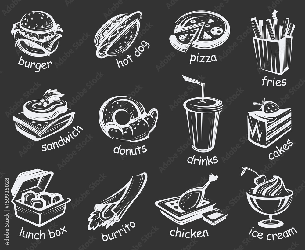 illustration of fast food set on black background