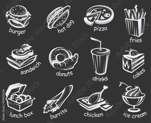 illustration of fast food set on black background