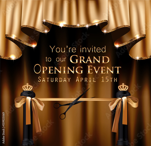 Gold and black vector illustaration with gold curtain with sparkling rim, columns and long ribbon
