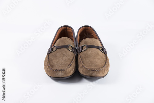 Male Brown Shoe on White Background, Isolated Product, Top View, Studio.