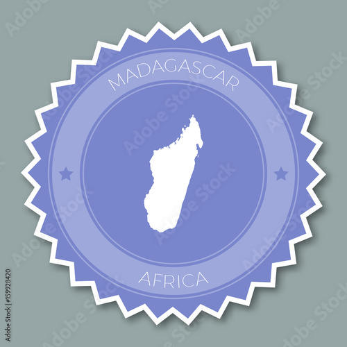 Madagascar badge flat design. Round flat style sticker of trendy colors with country map and name. Country badge vector illustration.