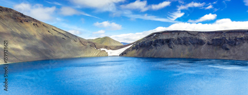 Panorama of Spectacular crater lake in Iceland. Hnausapollur  Bl  hylur  or Blue Pool crater lake. Fjallabak Nature Reserve. Iceland