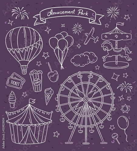 Amusement park hand drawn illustrations. Vintage fair vector elements and outline drawings