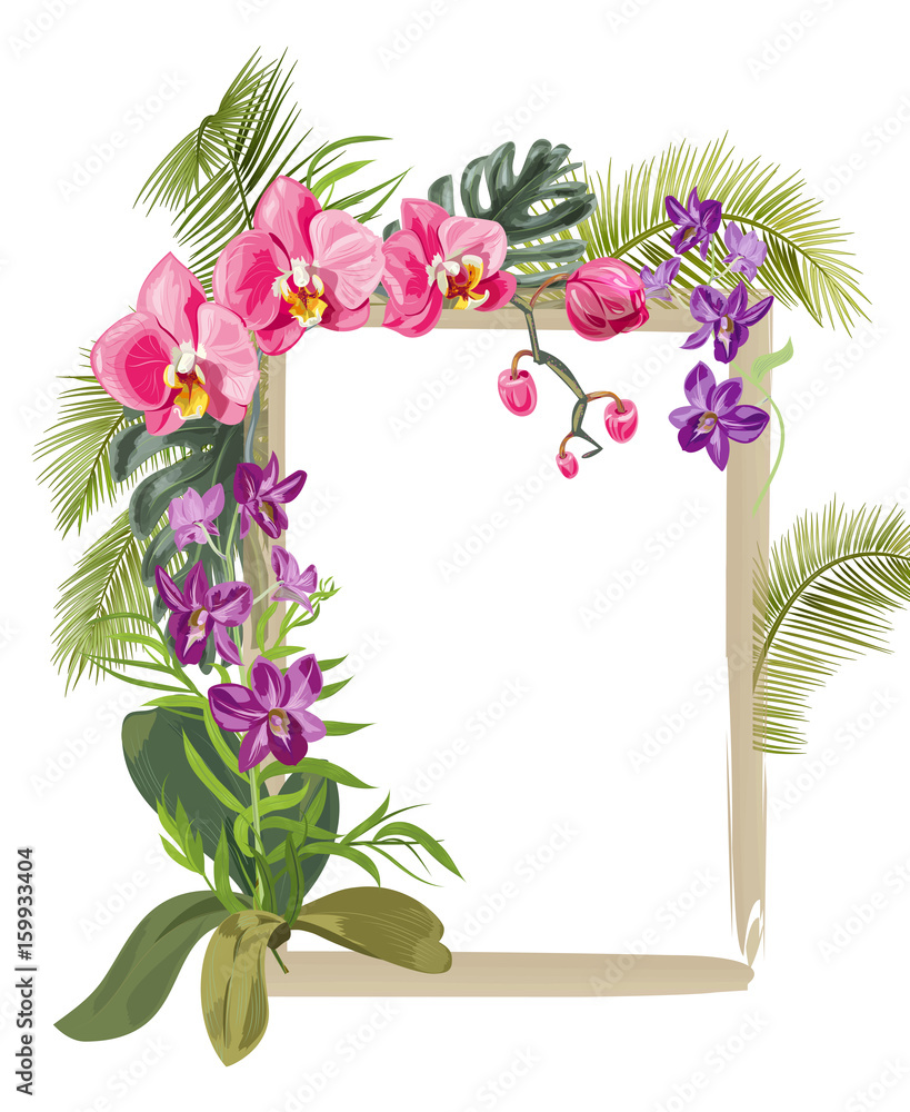 Tropical rectangular frame with bouquet red, purple orchids, flowers ...