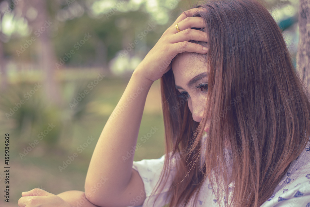 Lonely Sad fat woman ,She think over from love,heartbreak,Heartbroken because of disappointment,Thailand people