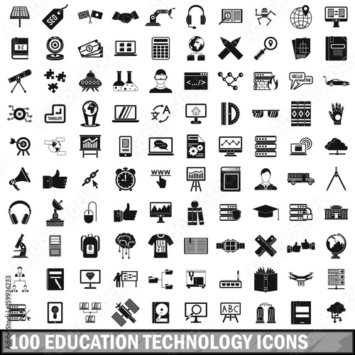 100 education technology icons set, simple style 