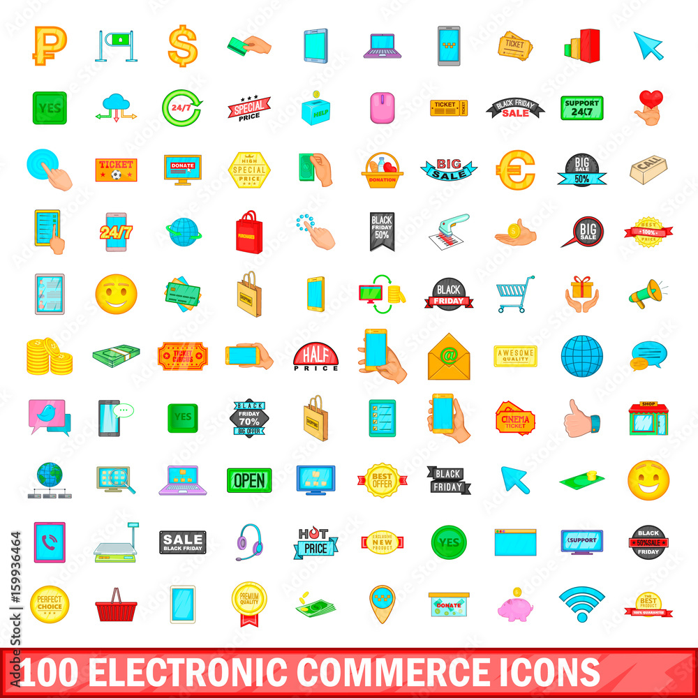 100 electronic commerce icons set, cartoon style 100 electronic commerce icons set, cartoon style