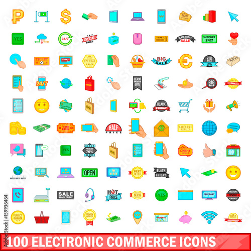 100 electronic commerce icons set, cartoon style