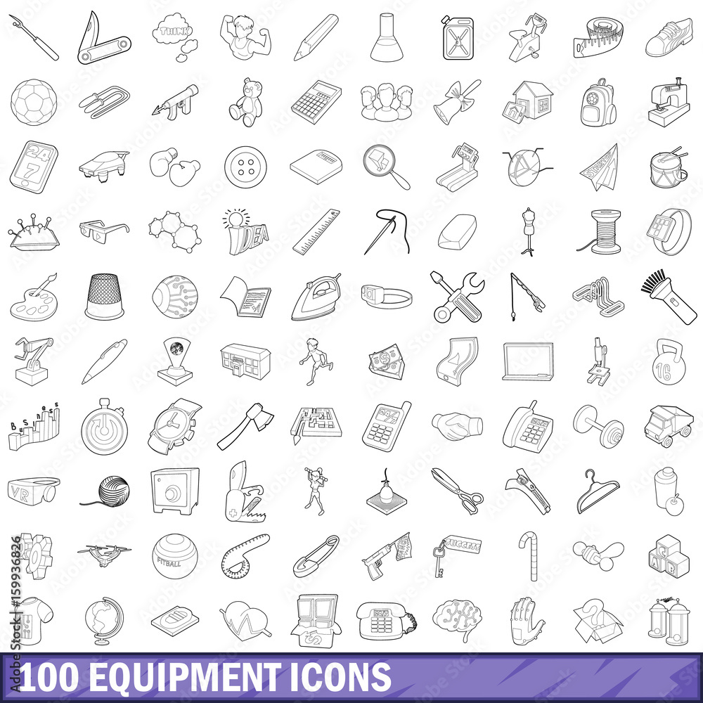 100 equipment icons set, outline style 100 equipment icons set, outline style