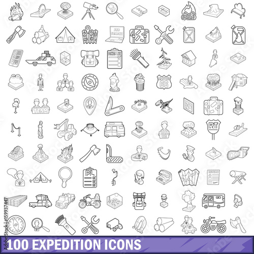100 expedition icons set, outline style