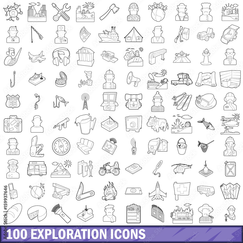 100 exploration icons set, outline style 100 exploration icons set, outline style