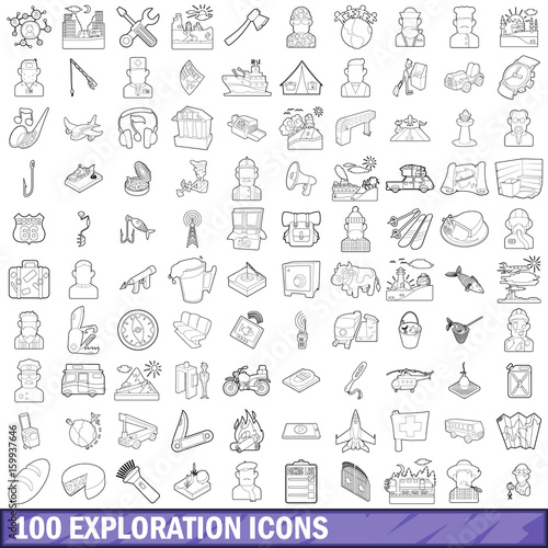 100 exploration icons set  outline style