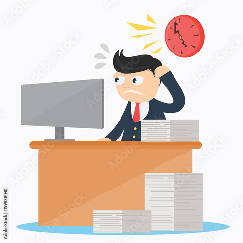 businessman work overtime at office with pile of paper cartoon vector illustration