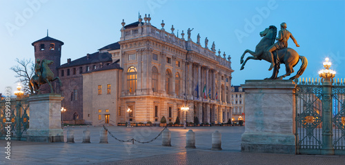 Turin - The square Piazza Castello with the Palazzo Madama and Palazzo Reale at dusk.