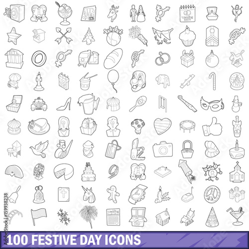 100 festive day icons set, outline style
