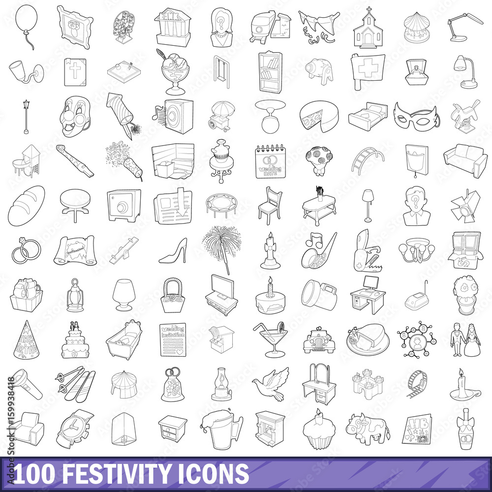 100 festivity icons set, outline style