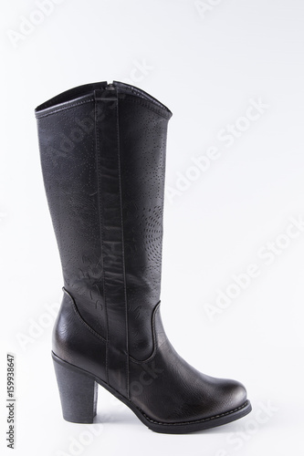 Female Black Boot on White Background, Isolated Product, Top View, Studio.