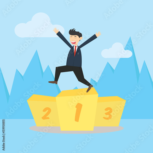 businessman standing on the first podium to celebrate victory carton vector illustration