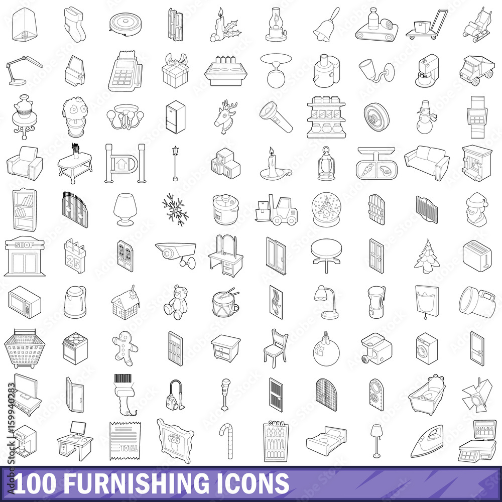 100 furnishing icons set, outline style