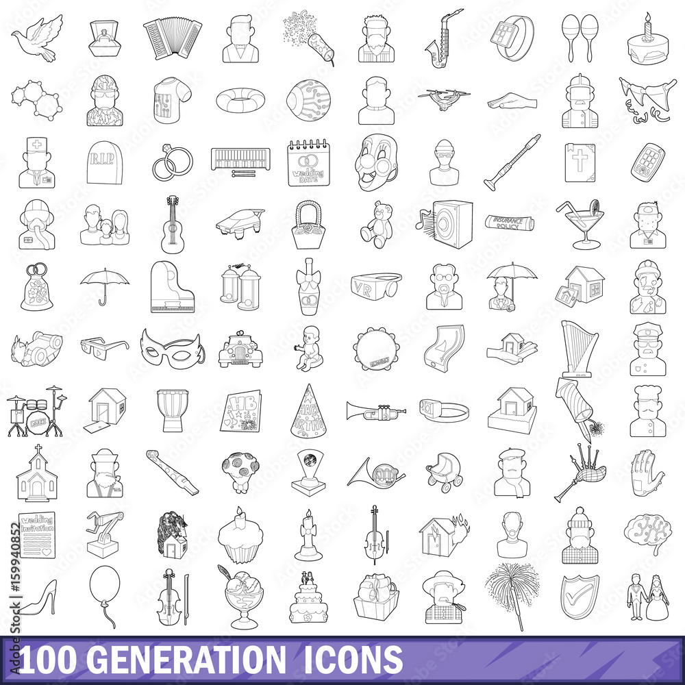 100 generation icons set, outline style