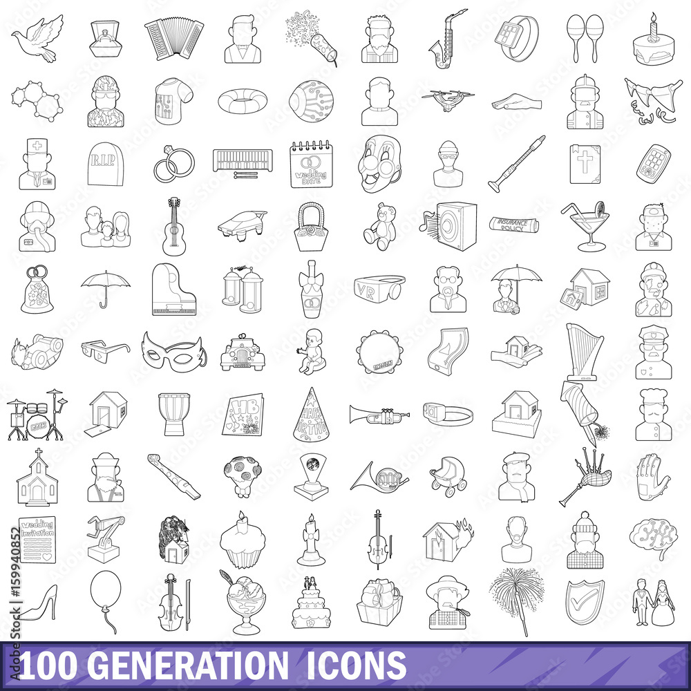 100 generation icons set, outline style 100 generation icons set, outline style