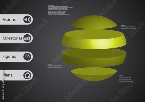 3D illustration infographic template with ball horizontally divided to four standalone green parts