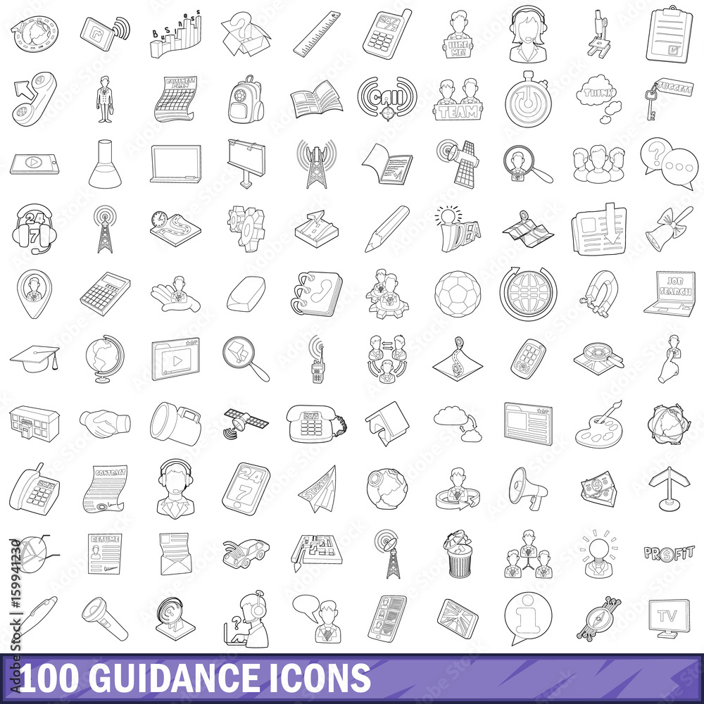 100 guidance icons set, outline style