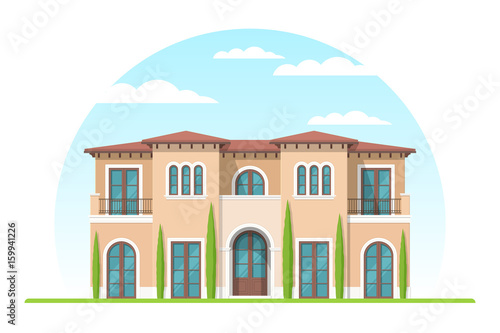 Frontview of mediterranean style suburban private house. 