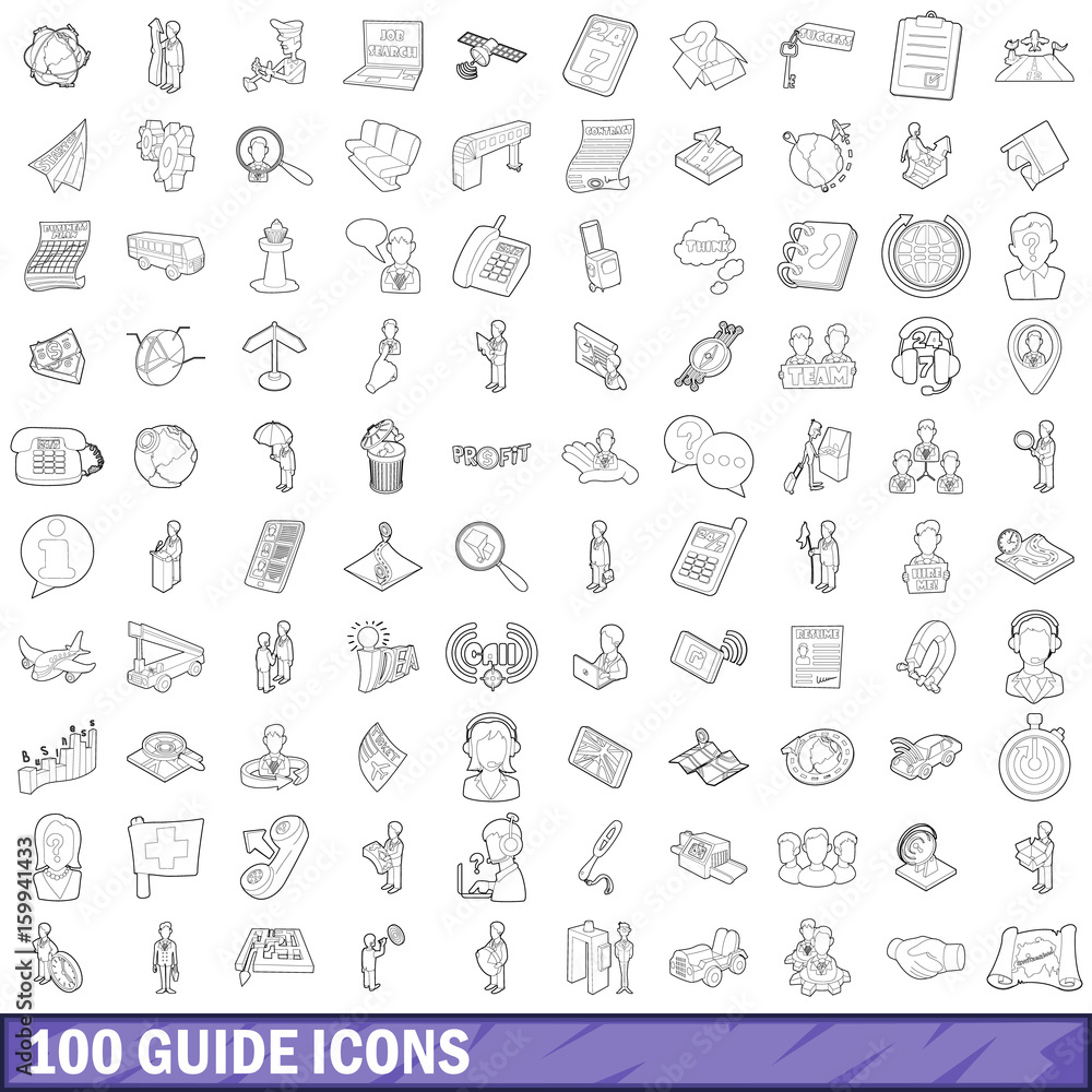 100 guide icons set, outline style
