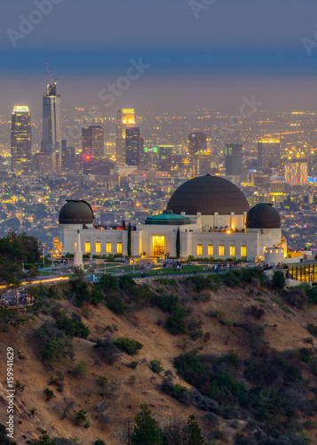 The Griffith Observatory and Los Angeles city skyline at twilight time