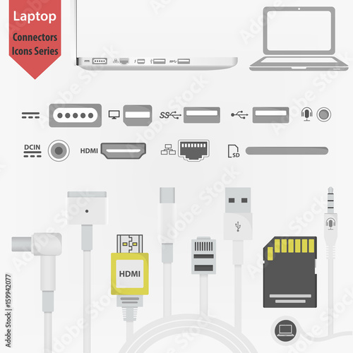 Laptop side view with connectors Illustration. SD, HDMI, USB, Ethernet, displayport, magsafe, power DC in power supply, audio trs sockets. computer peripherals in flat design. and notebook icon. White
