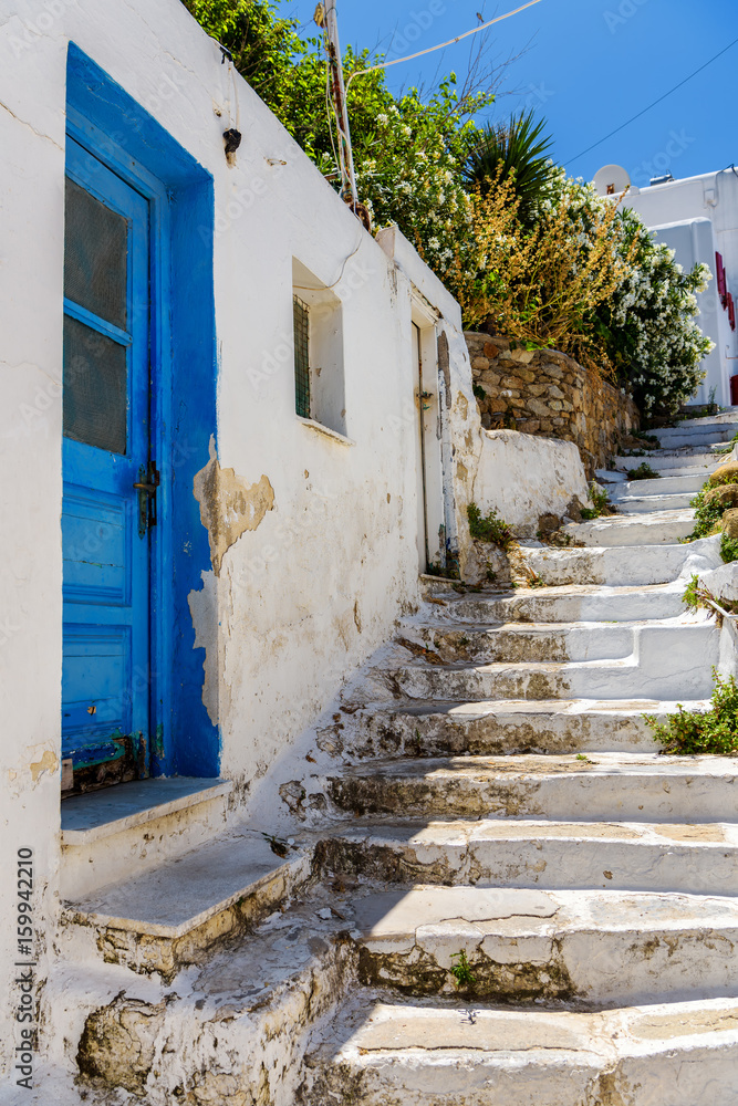 Steps on the white village of Mykonos, Greece
