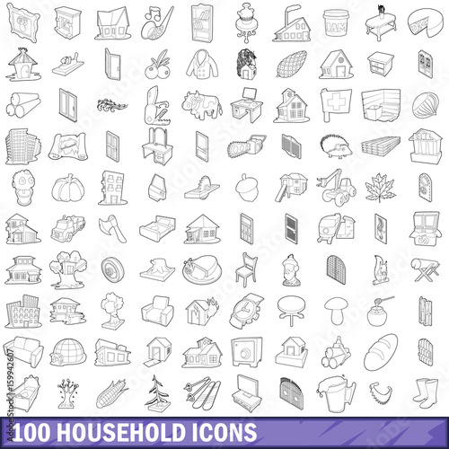 100 household icons set, outline style