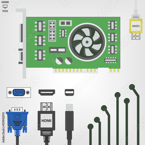 Computer video card on white background. HDMI, VGA and display port connectors. Flat vector isolated illustration. Microcircuitry