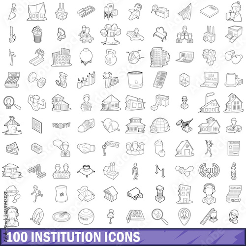 100 institution icons set, outline style