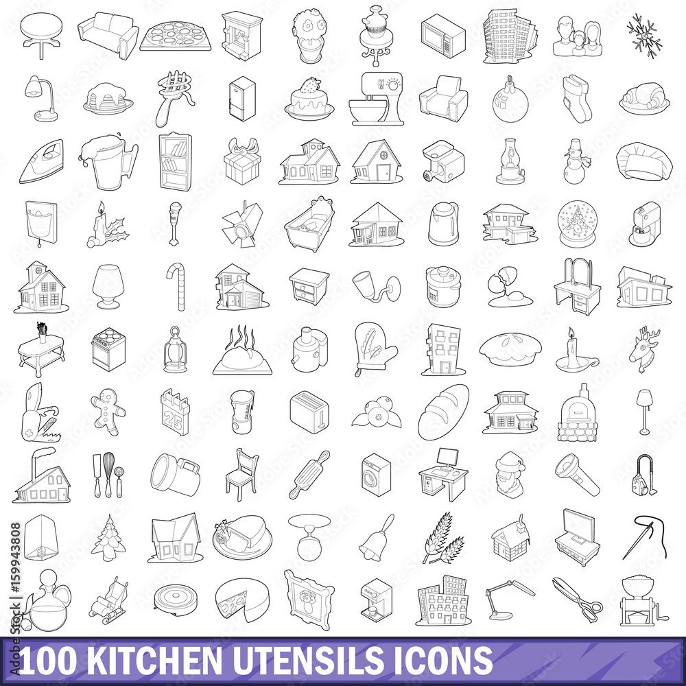 100 kitchen utensils icons set, outline style 100 kitchen utensils icons set, outline style