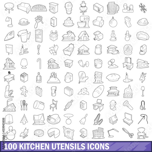 100 kitchen utensils icons set  outline style