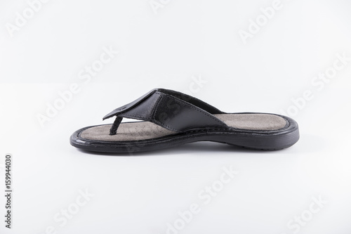 Male Black Slipper on White Background, Isolated Product, Top View, Studio.